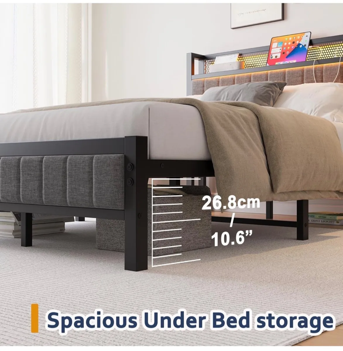 3ft Upholstered Bed Frame with Charging Station/U - Image 3