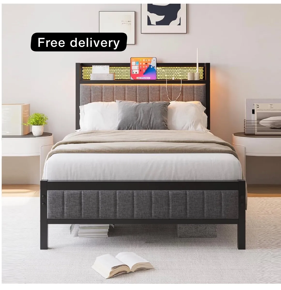 3ft Upholstered Bed Frame with Charging Station/U - Image 1