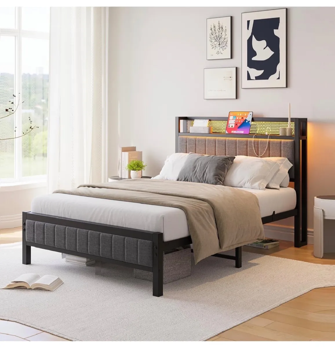 3ft Upholstered Bed Frame with Charging Station/US - Image 1