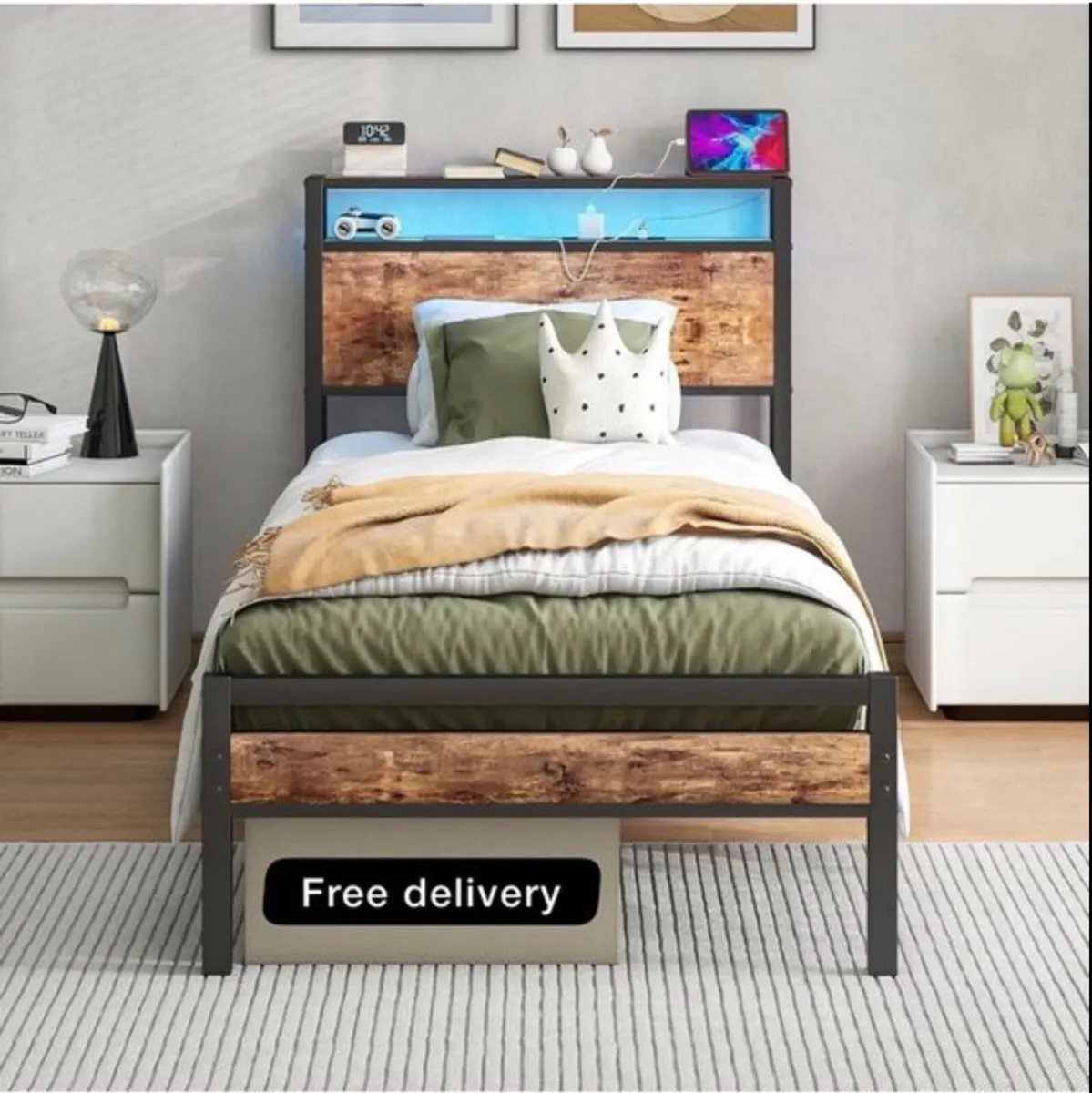 Metal Platform Bed Frame with Charging Station, - Image 1