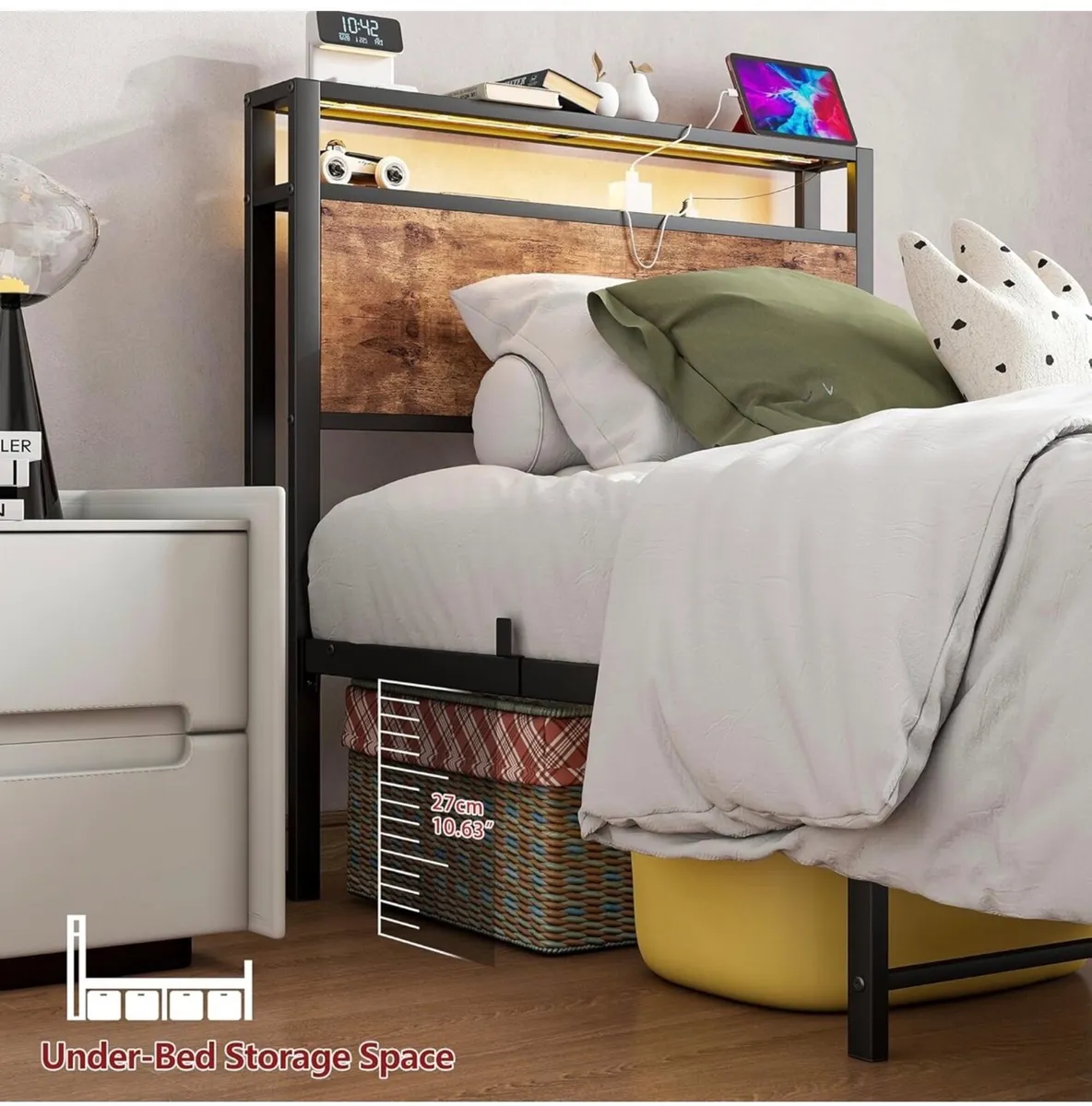 Metal Platform Bed Frame with Charging Station, - Image 4