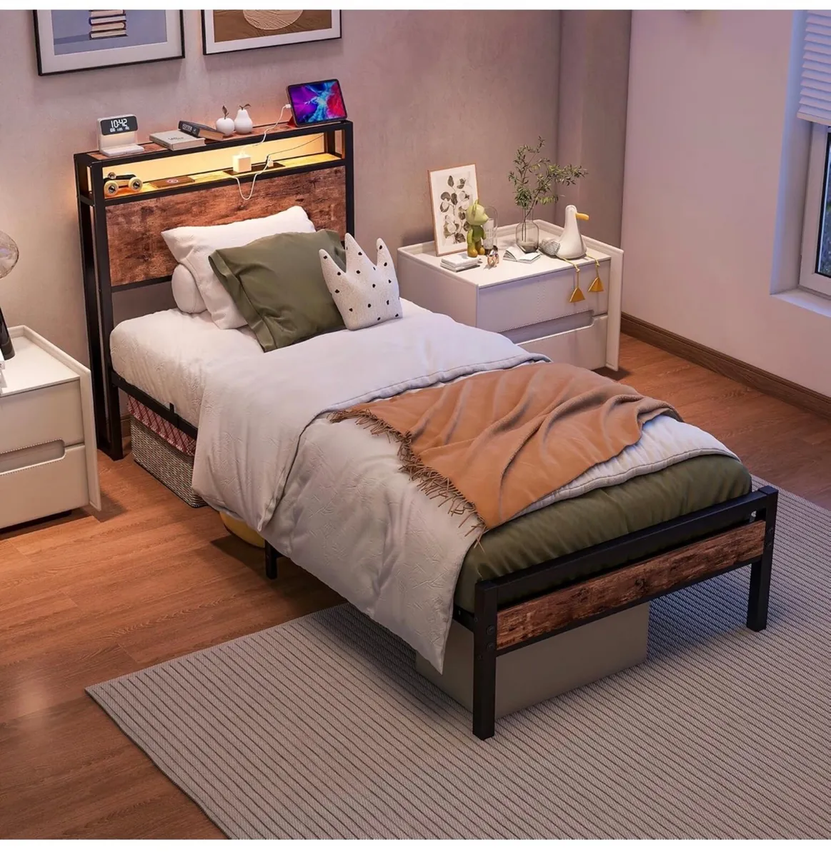Metal Platform Bed Frame with Charging Station, - Image 1