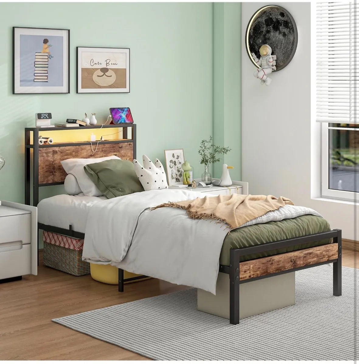 Metal Platform Bed Frame with Charging Station, - Image 2