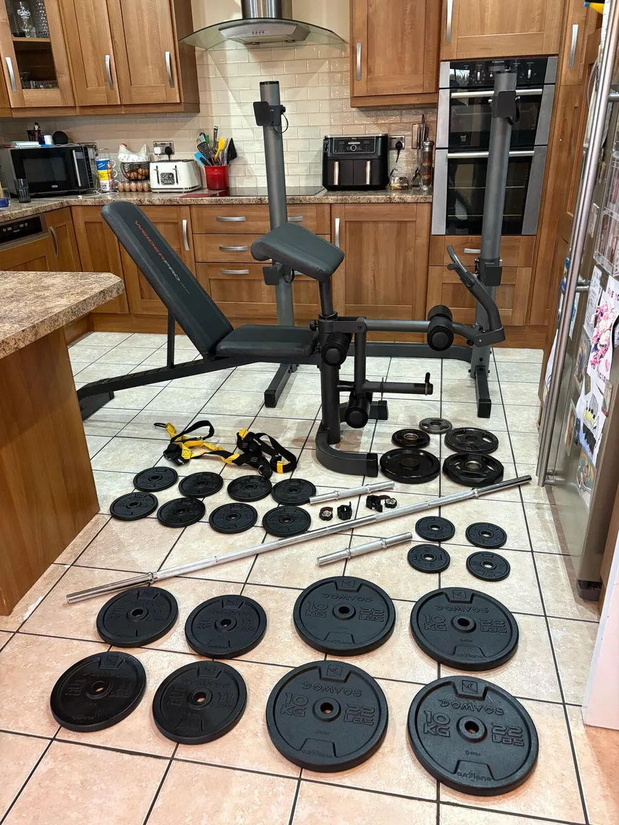 LARGE GYM WEIGHTLIFTING BENCH, SQUAT RACK, WEIGHTS - Image 1