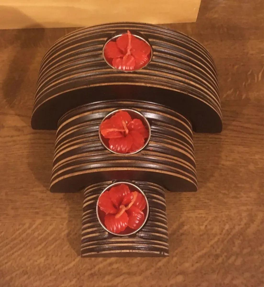BRAND NEW Set of 3 Wooden Candle Holders in Box - Image 1