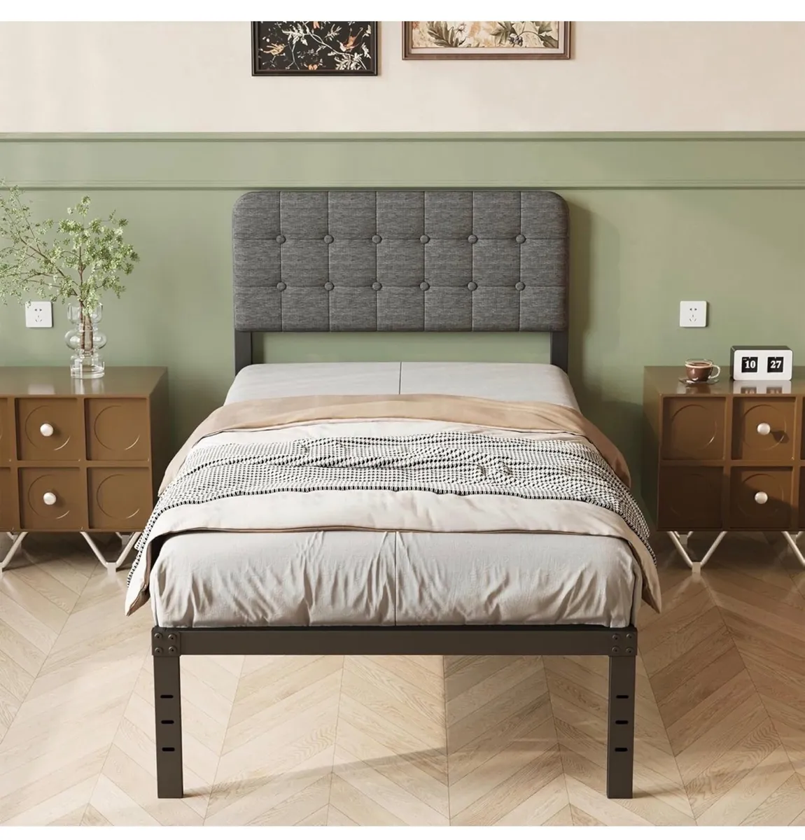 Single Bed Frame with Upholstered Headboard, 36 cm - Image 1