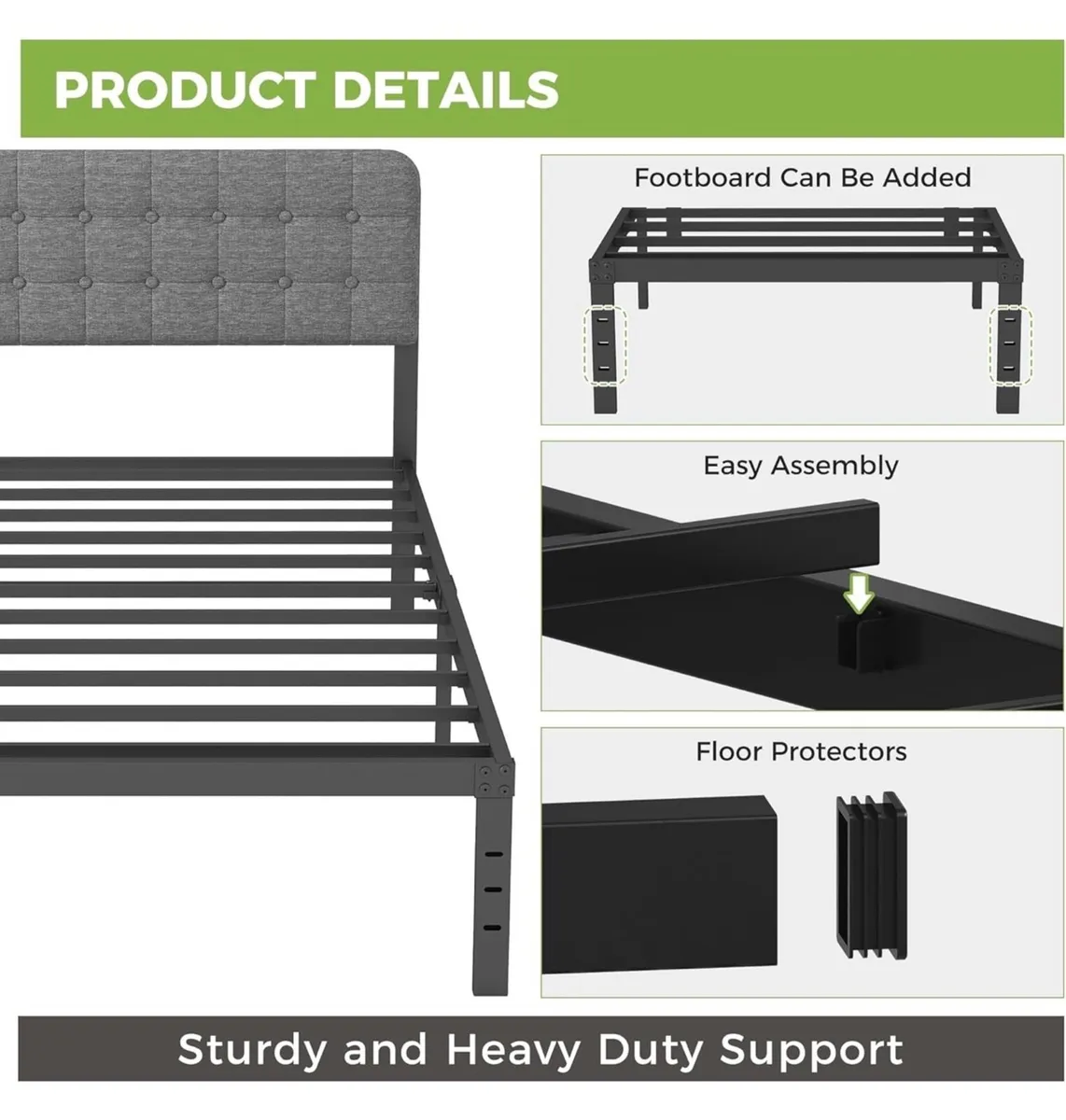 Single Bed Frame with Upholstered Headboard, 36 cm - Image 4