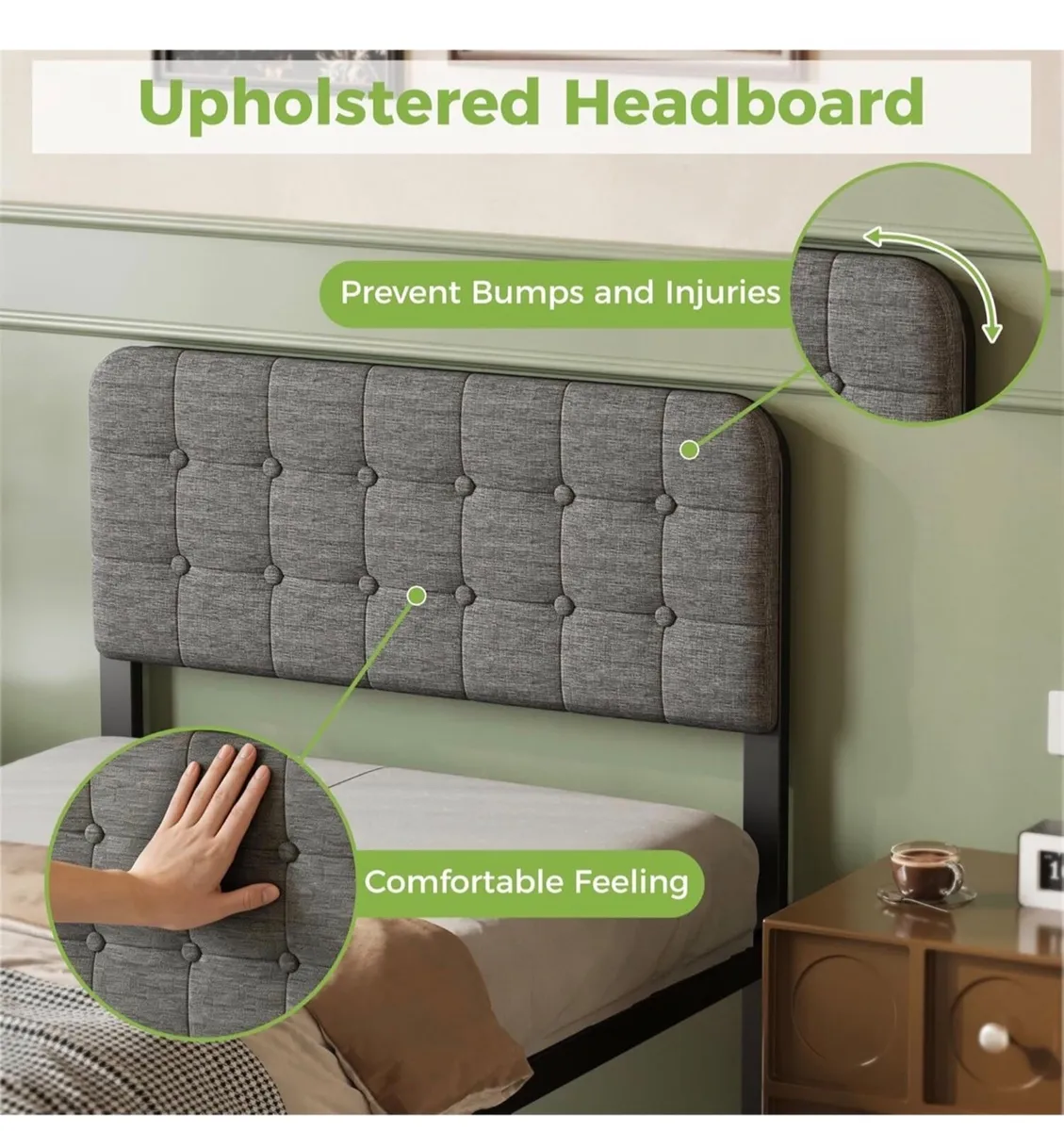 Single Bed Frame with Upholstered Headboard, 36 cm - Image 2