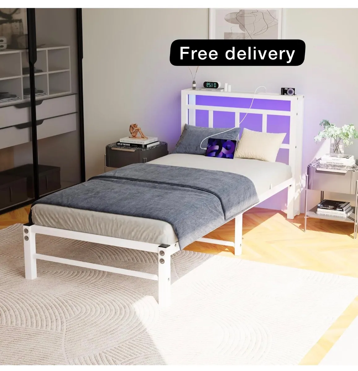 Single Bed Frame with Headboard≤D Lights,Heavy D - Image 1