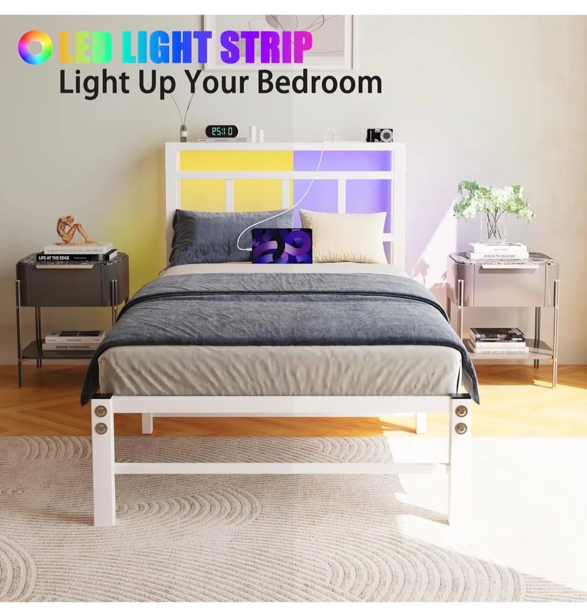 Single Bed Frame with Headboard≤D Lights,Heavy D - Image 1