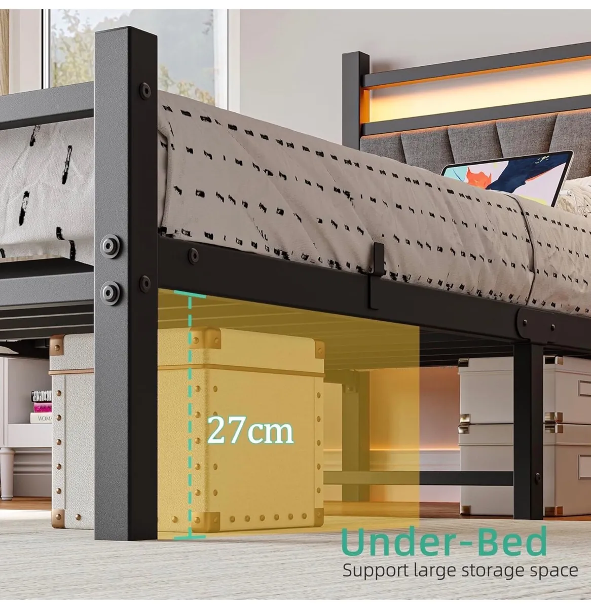 3FT Single Bed Frame, Metal Platform Upholstered B - Image 3