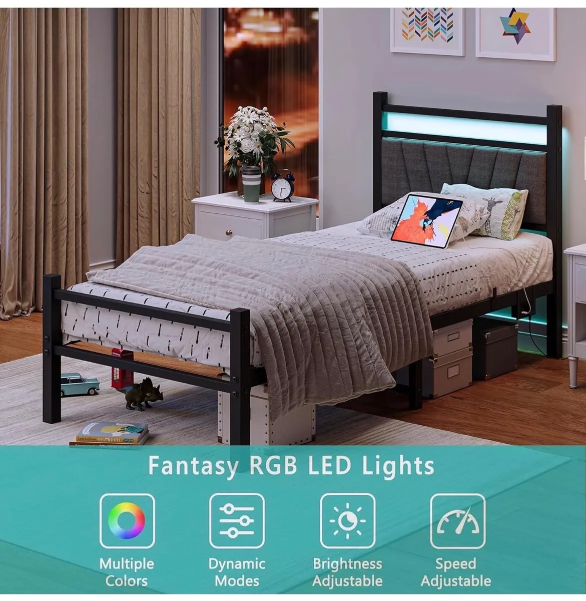 3FT Single Bed Frame, Metal Platform Upholstered B - Image 1