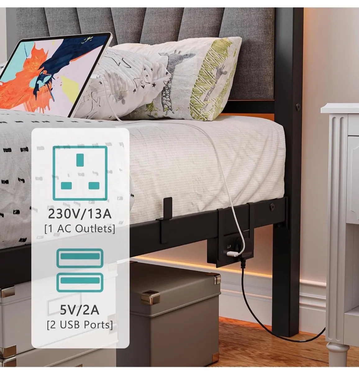 3FT Single Bed Frame, Metal Platform Upholstered B - Image 4