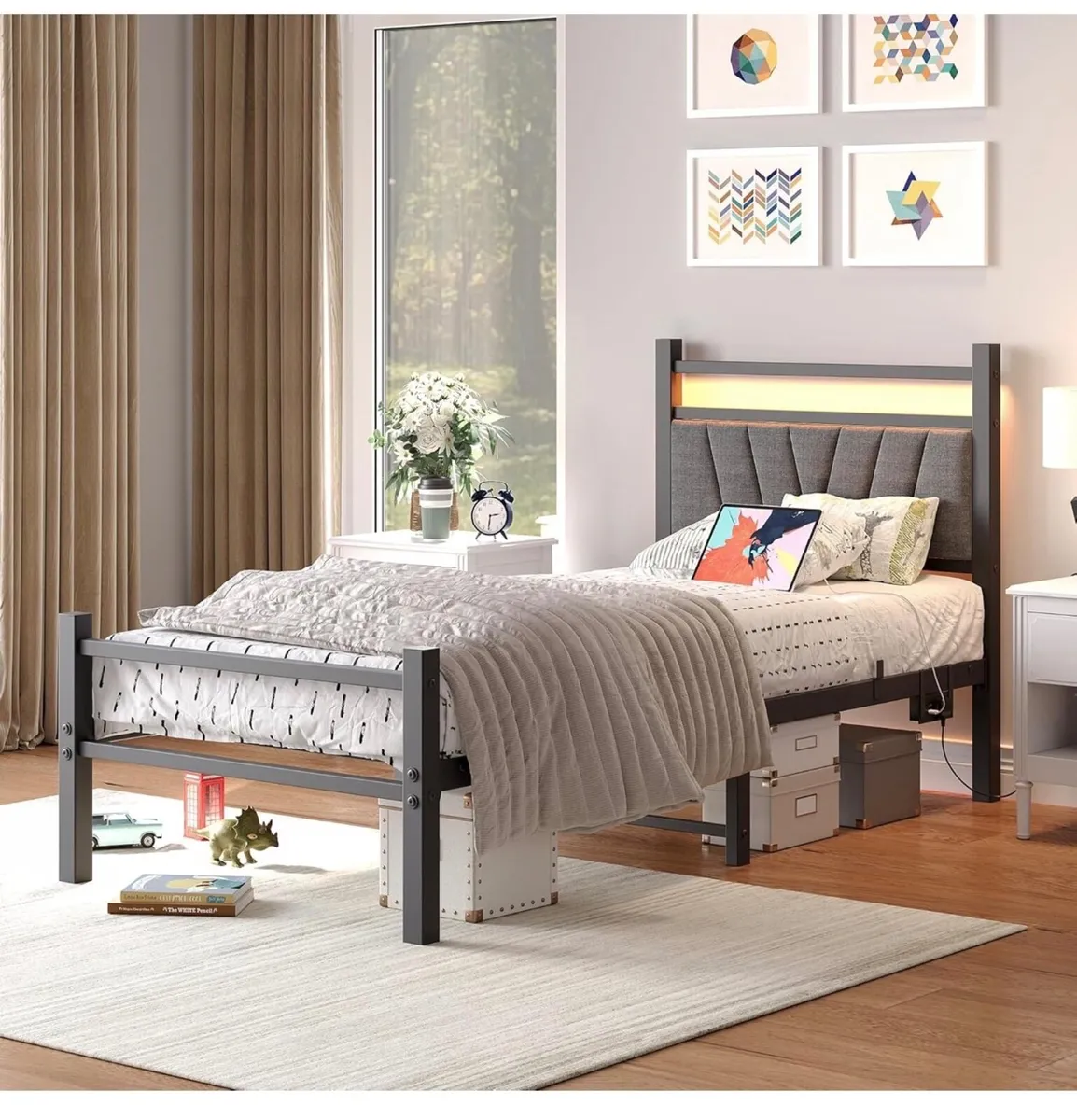 3FT Single Bed Frame, Metal Platform Upholstered B - Image 3
