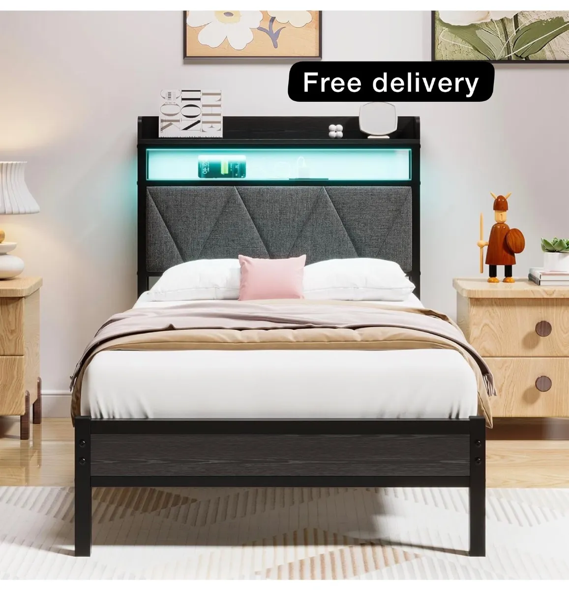 Single Bed Frames with 3ft Upholstered Wooden Two- - Image 1