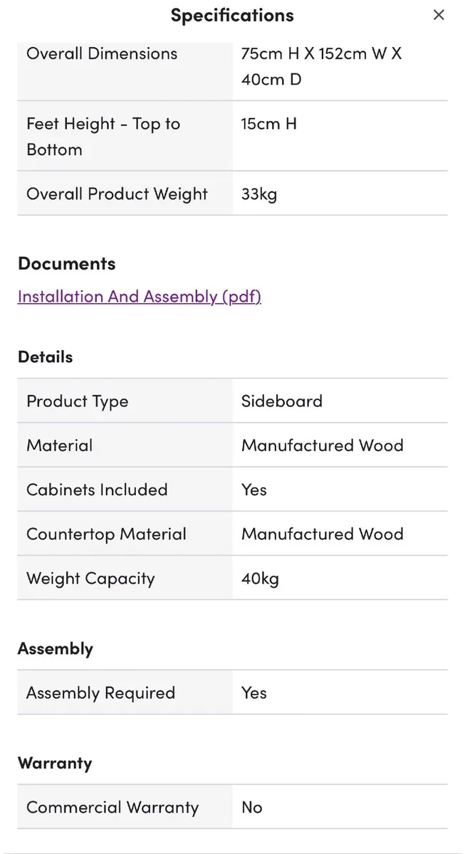 Sideboard new in box unopened 152cm - Image 2