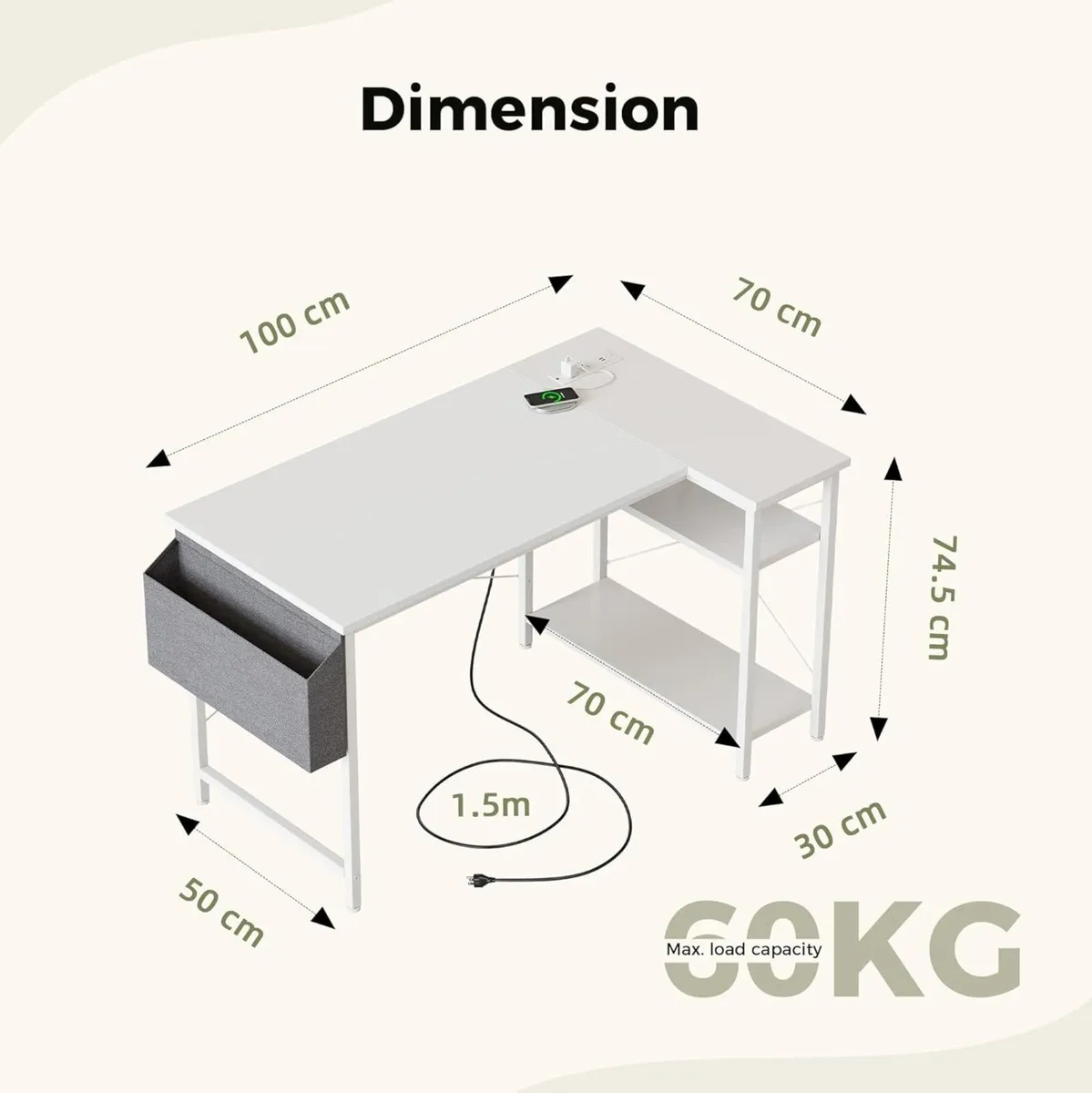 Small L Shaped Desk with Power Outlets 100 cm - Image 2