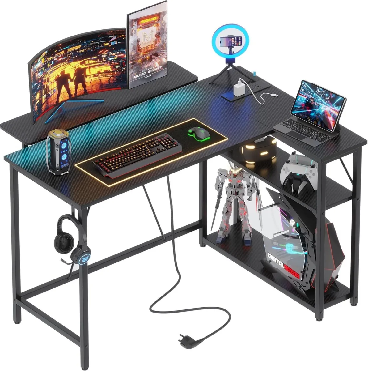 L Shaped Gaming Desk with RGB LED Lights Power