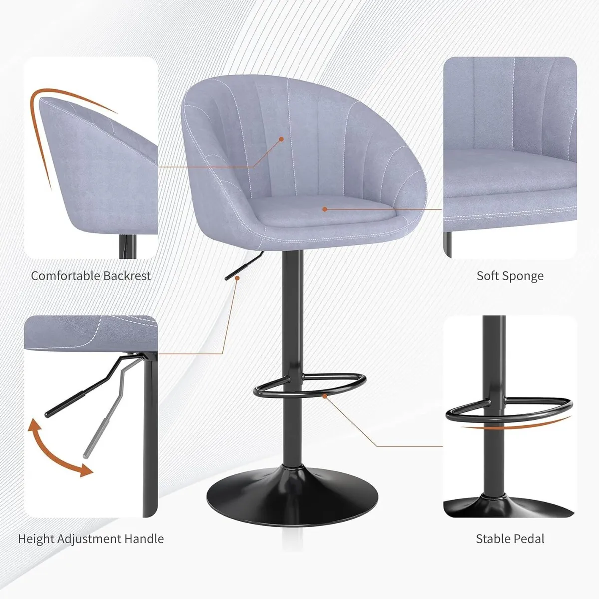 Bar Stools Set of 2 Kitchen Velvet Breakfast with - Image 4