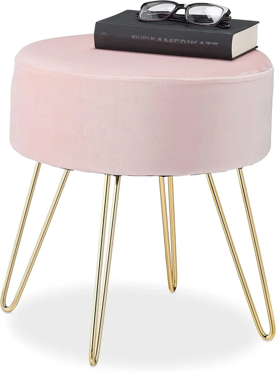 Velvet Stool Round Seat Elegant Upholstered Pouf - Image 1