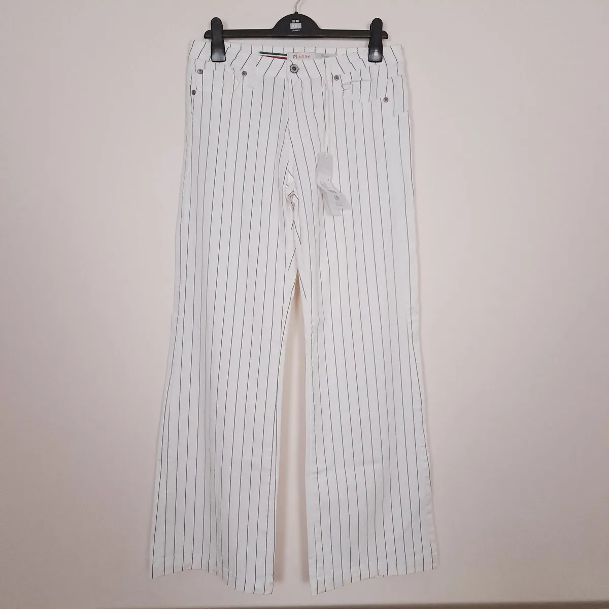 Please White Black Pinstripe Straight Trousers L - Image 1
