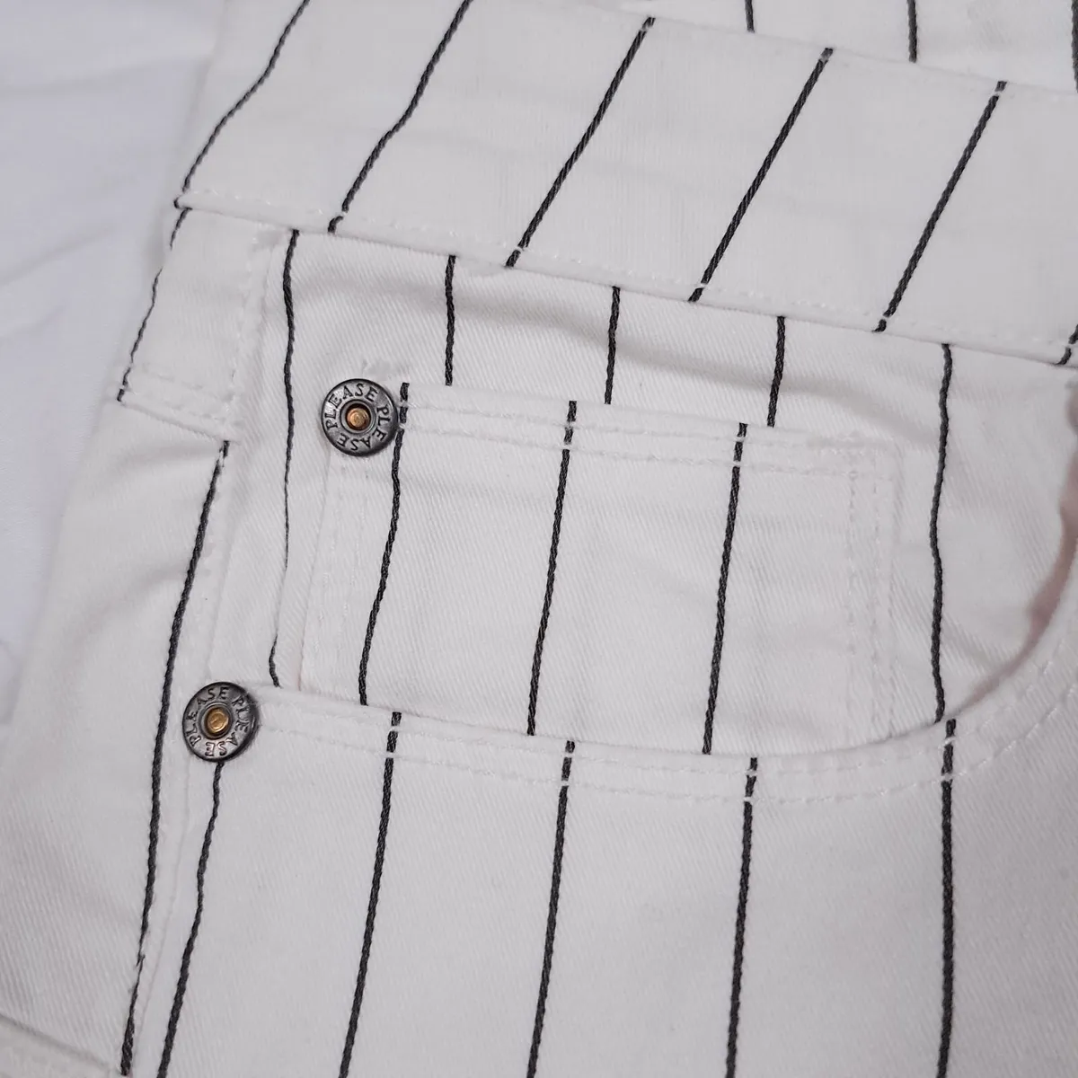 Please White Black Pinstripe Straight Trousers L - Image 2