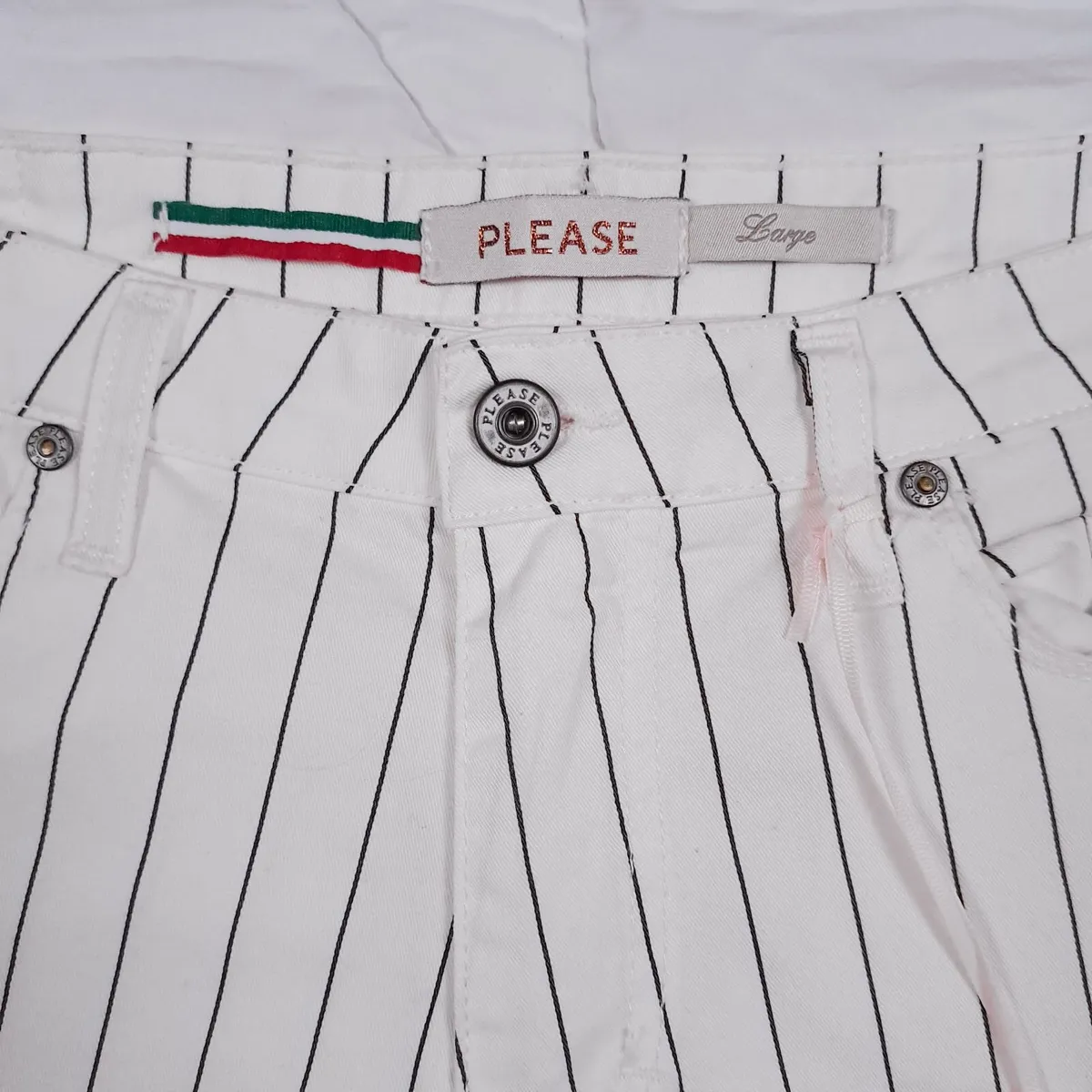 Please White Black Pinstripe Straight Trousers L - Image 3