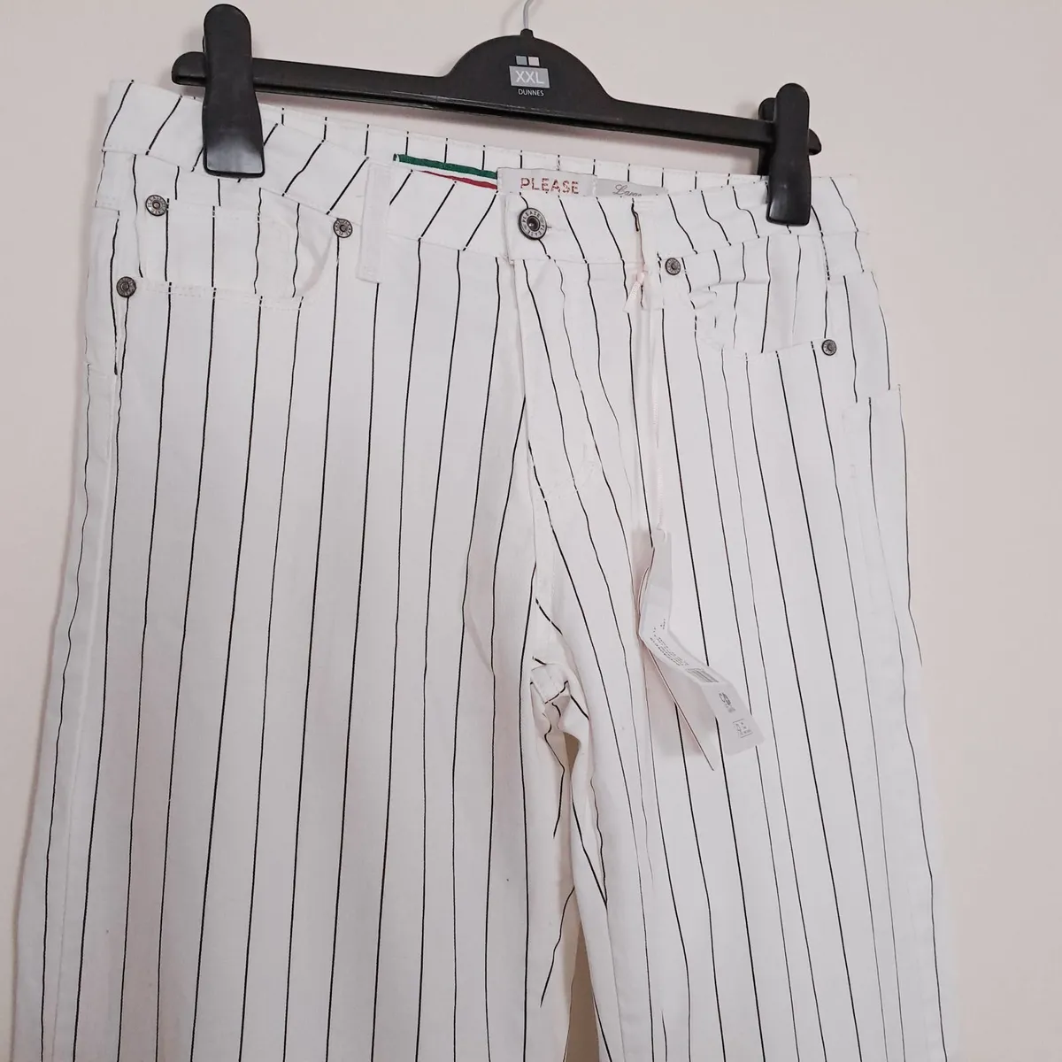 Please White Black Pinstripe Straight Trousers L - Image 4