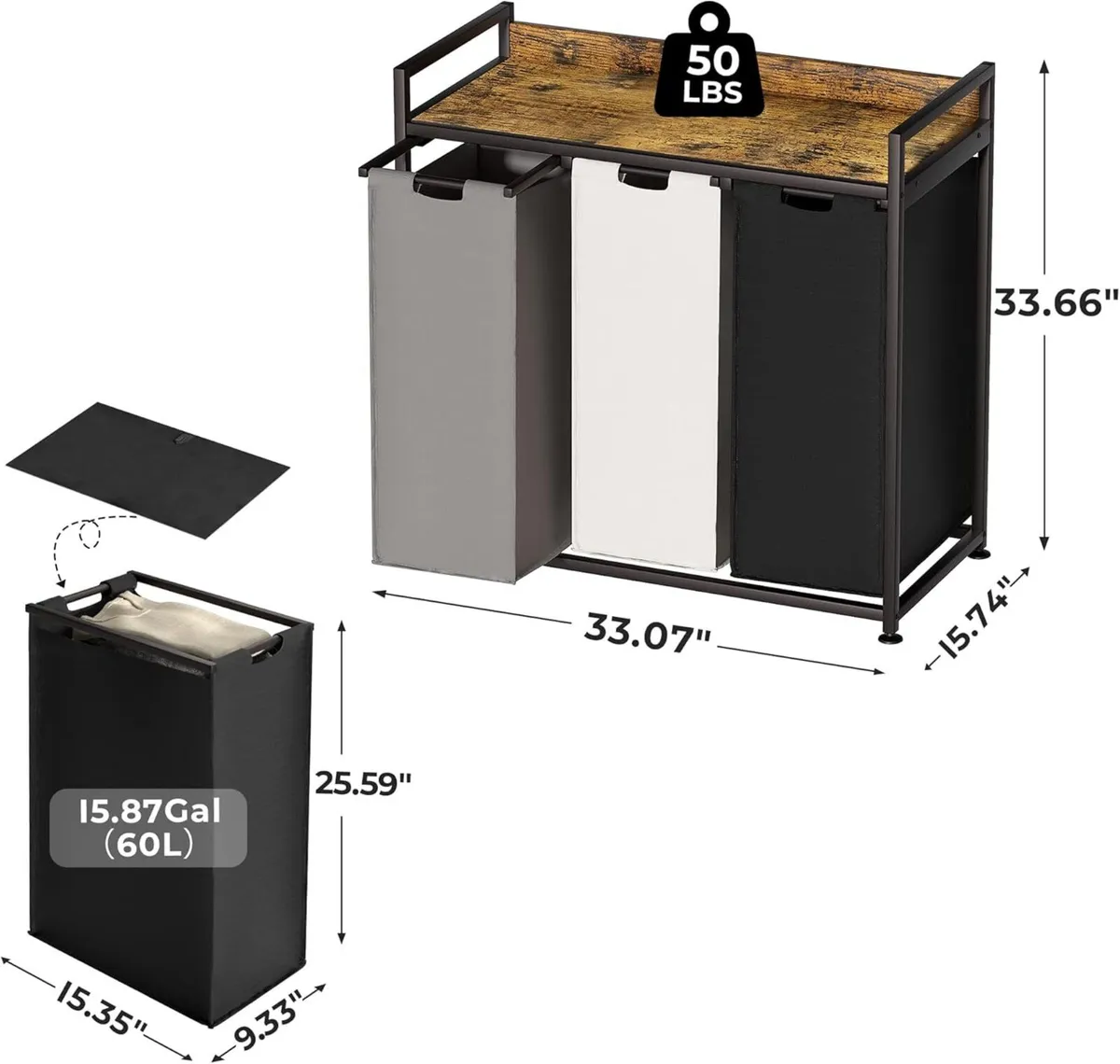 Laundry Hampers with Shelf Basket 3 Section - Image 3