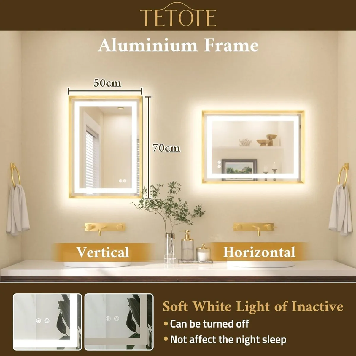 Gold Bathroom Mirror with Led Lights 50x70cm - Image 2
