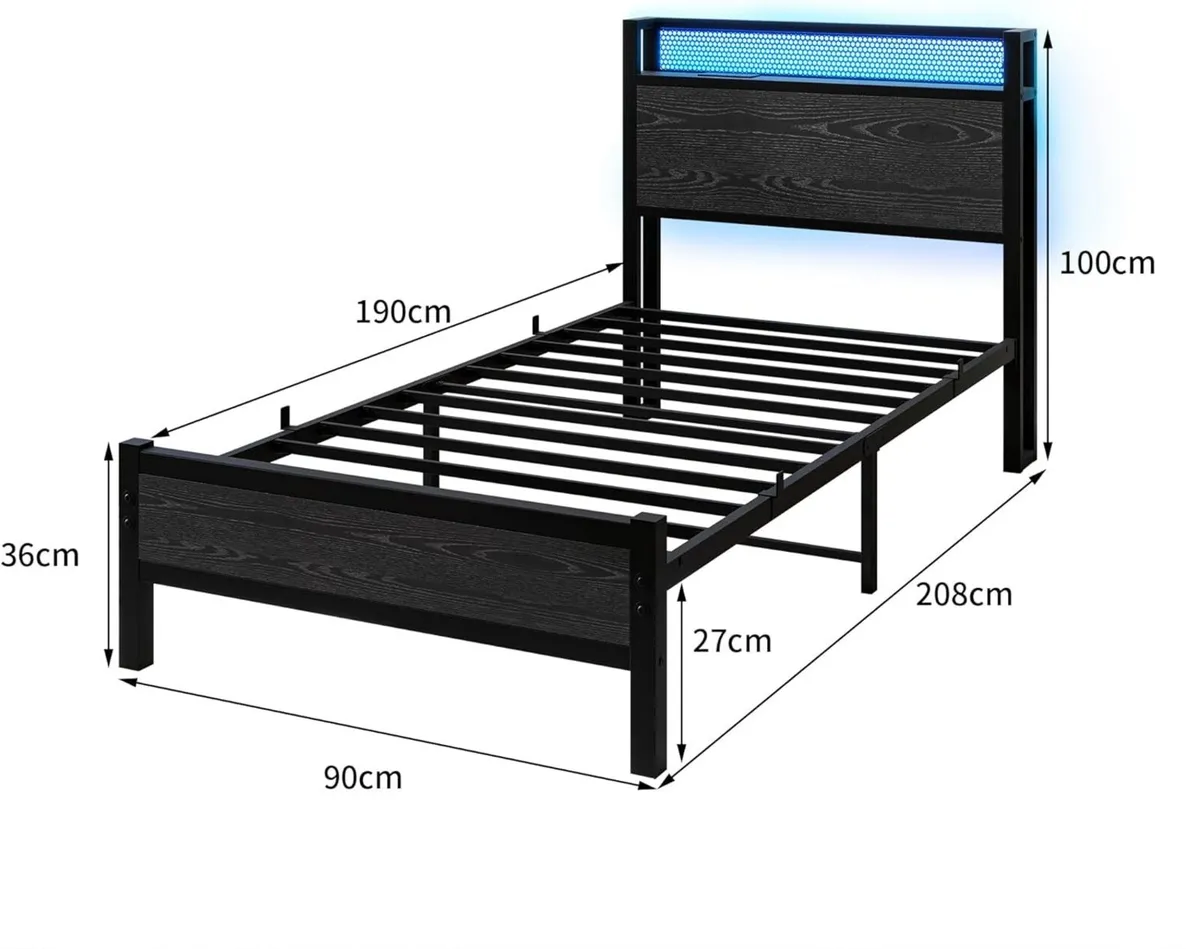 3ft Single Bed Frame with LED Lights/Charging - Image 2