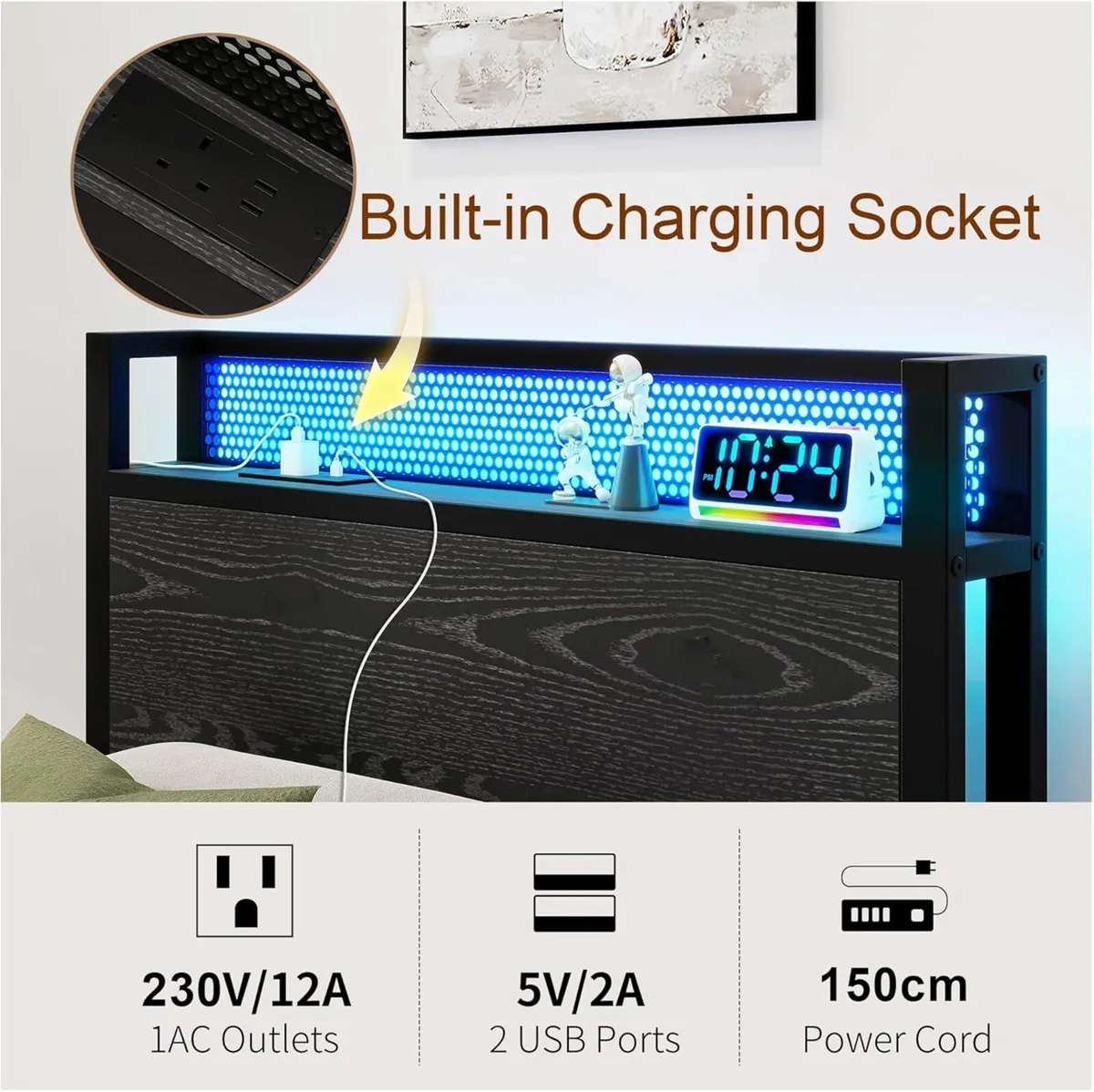 3ft Single Bed Frame with LED Lights/Charging - Image 3