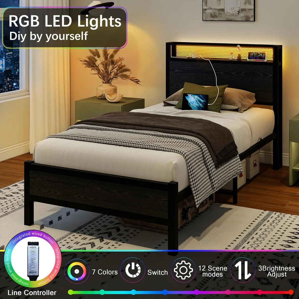 3ft Single Bed Frame with LED Lights/Charging - Image 4