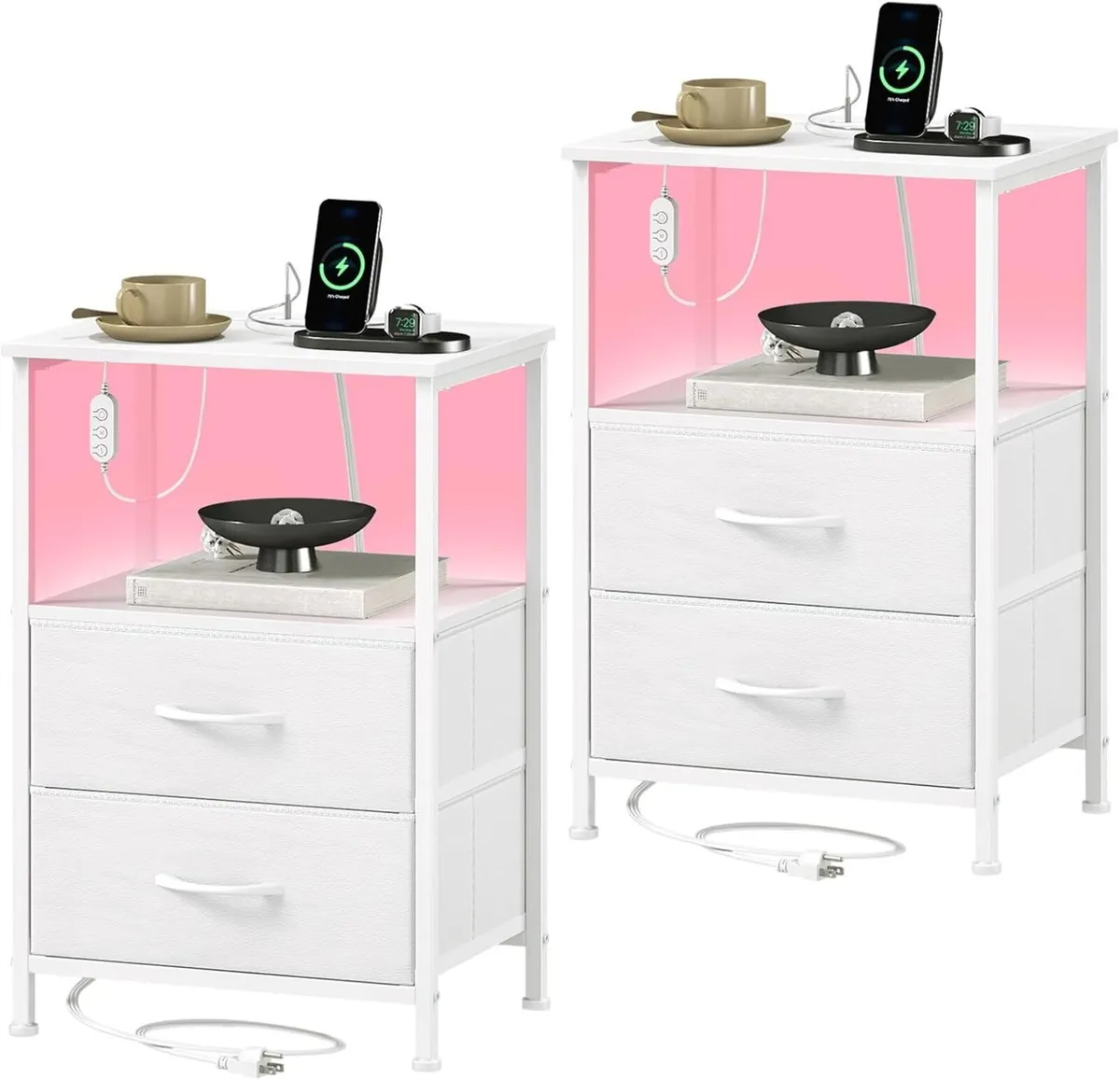 Bedside Table Set of 2 with Charging Station and - Image 1