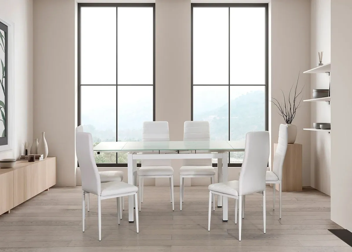 Extendable Glass Dining Table Set 6 chairs white - Image 2