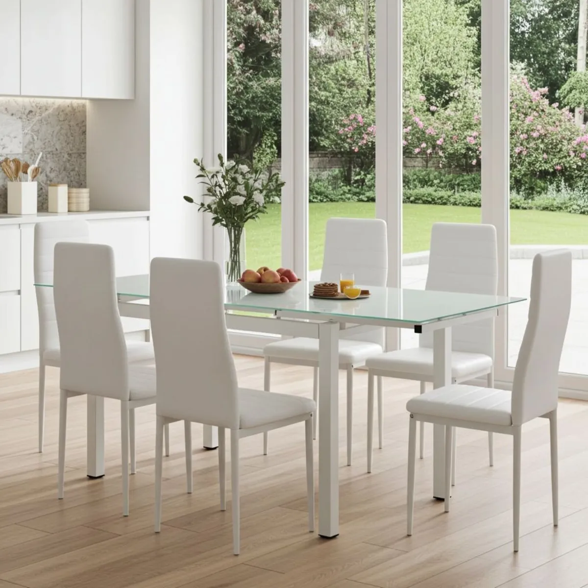 Extendable Glass Dining Table Set 6 chairs white - Image 1