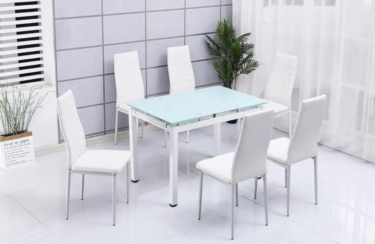 Extendable Glass Dining Table Set 6 chairs white - Image 4