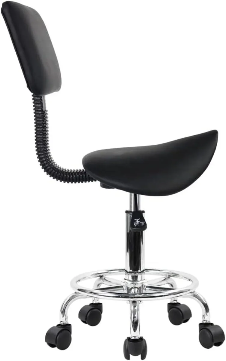 Rolling Saddle Stool PU Leather Back & Footrest - Image 1