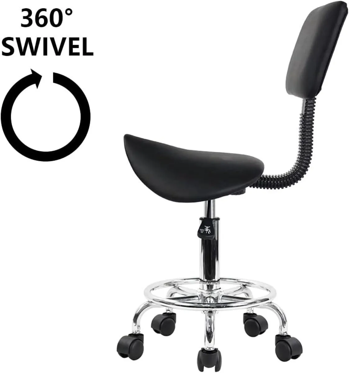 Rolling Saddle Stool PU Leather Back & Footrest - Image 3