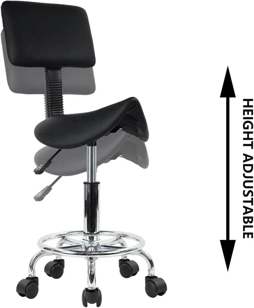 Rolling Saddle Stool PU Leather Back & Footrest - Image 4