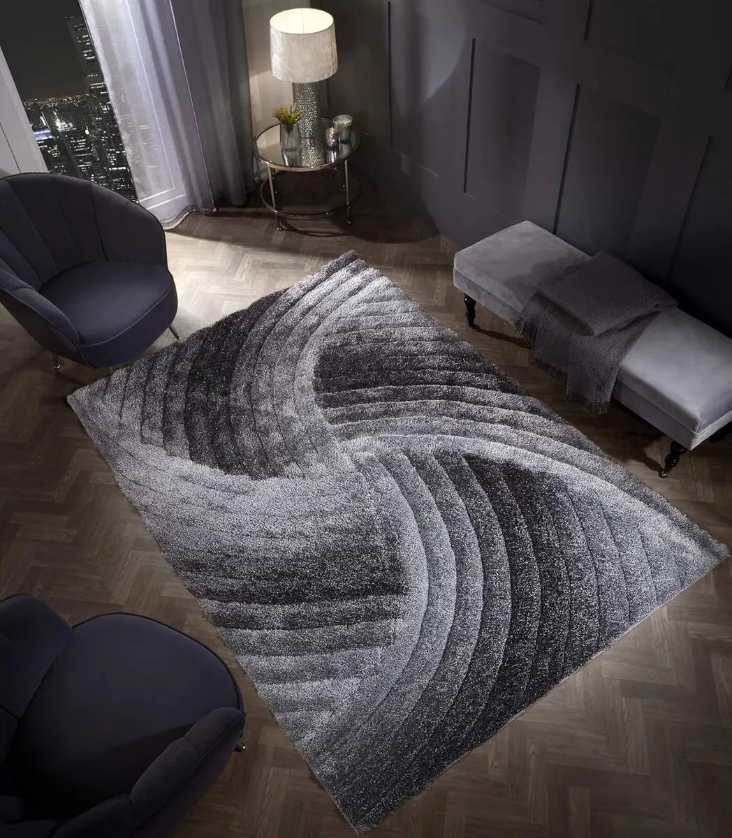3D SWIRL HEAVYWEIGHT CARVED Shaggy Rug GREY - Image 1