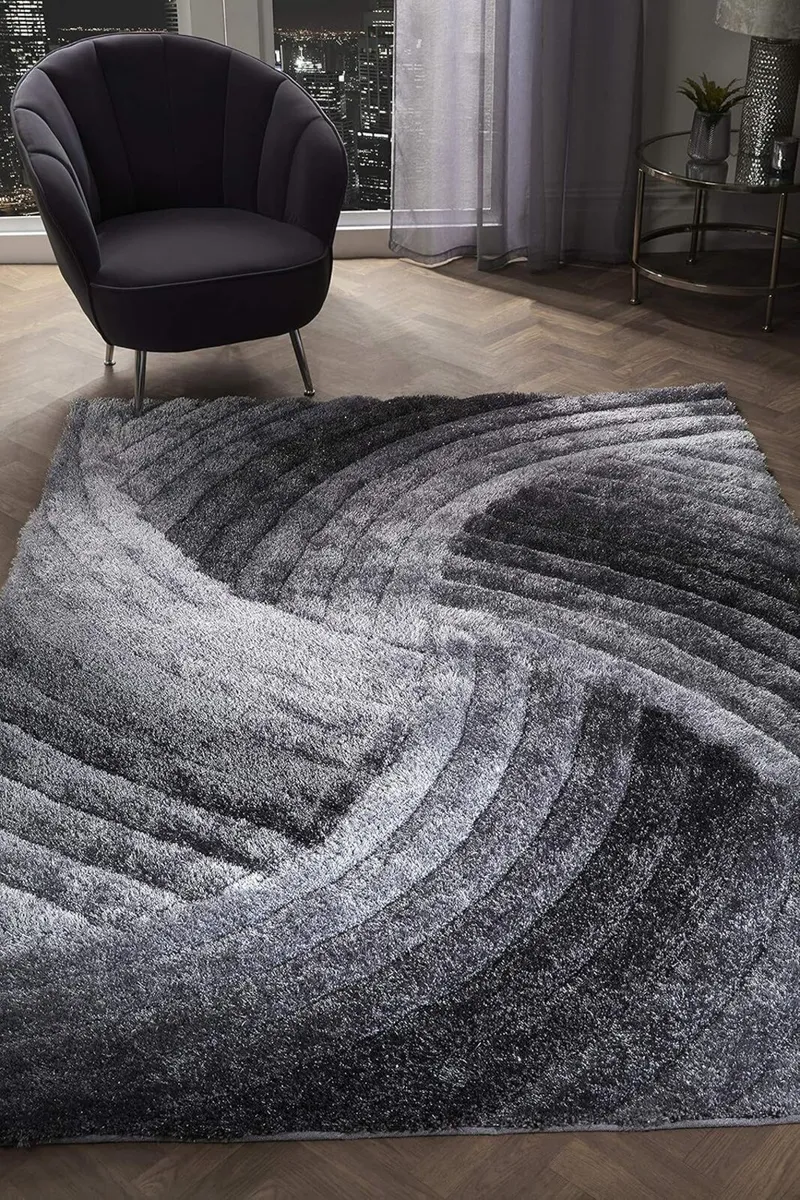 3D SWIRL HEAVYWEIGHT CARVED Shaggy Rug GREY - Image 2
