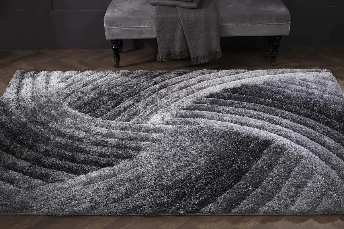 3D SWIRL HEAVYWEIGHT CARVED Shaggy Rug GREY - Image 3