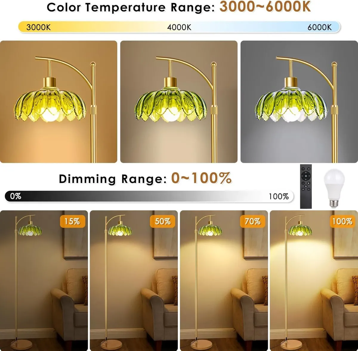 Gold Arc Floor Lamp for Bedroom Living Room - Image 2