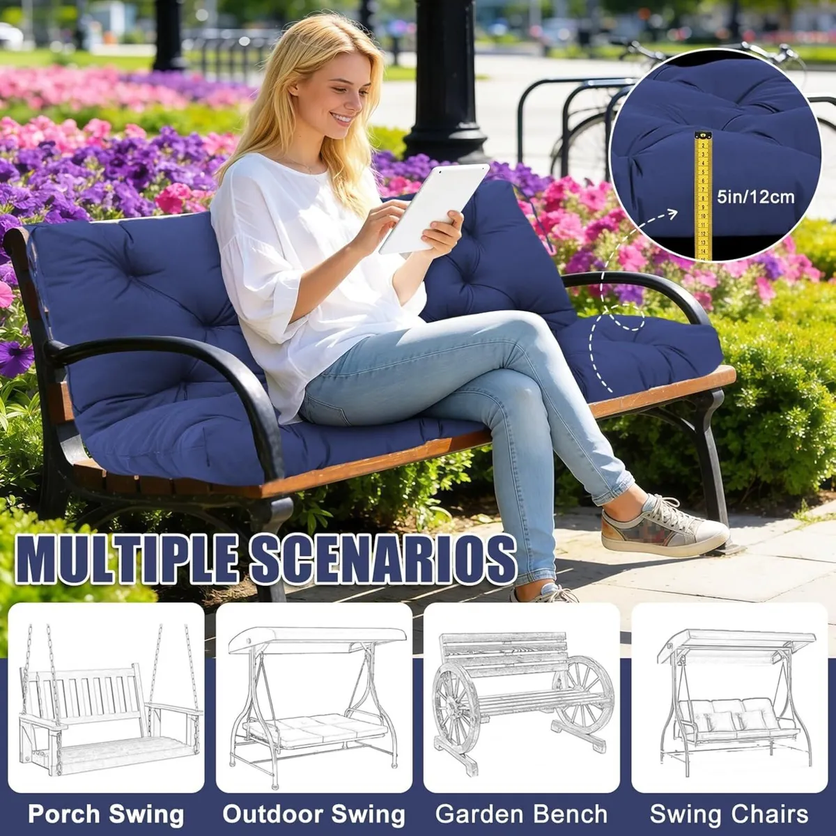 Garden Swing Cushions 3 Seater 12cm Thick Outdoor - Image 4