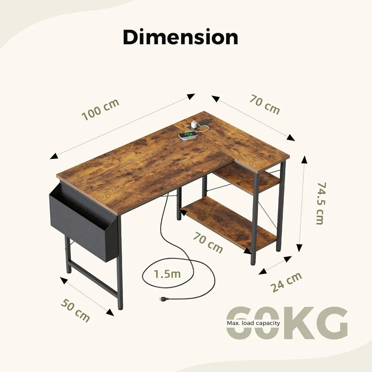 Small L Shaped Desk with Power Outlets 100 cm - Image 2