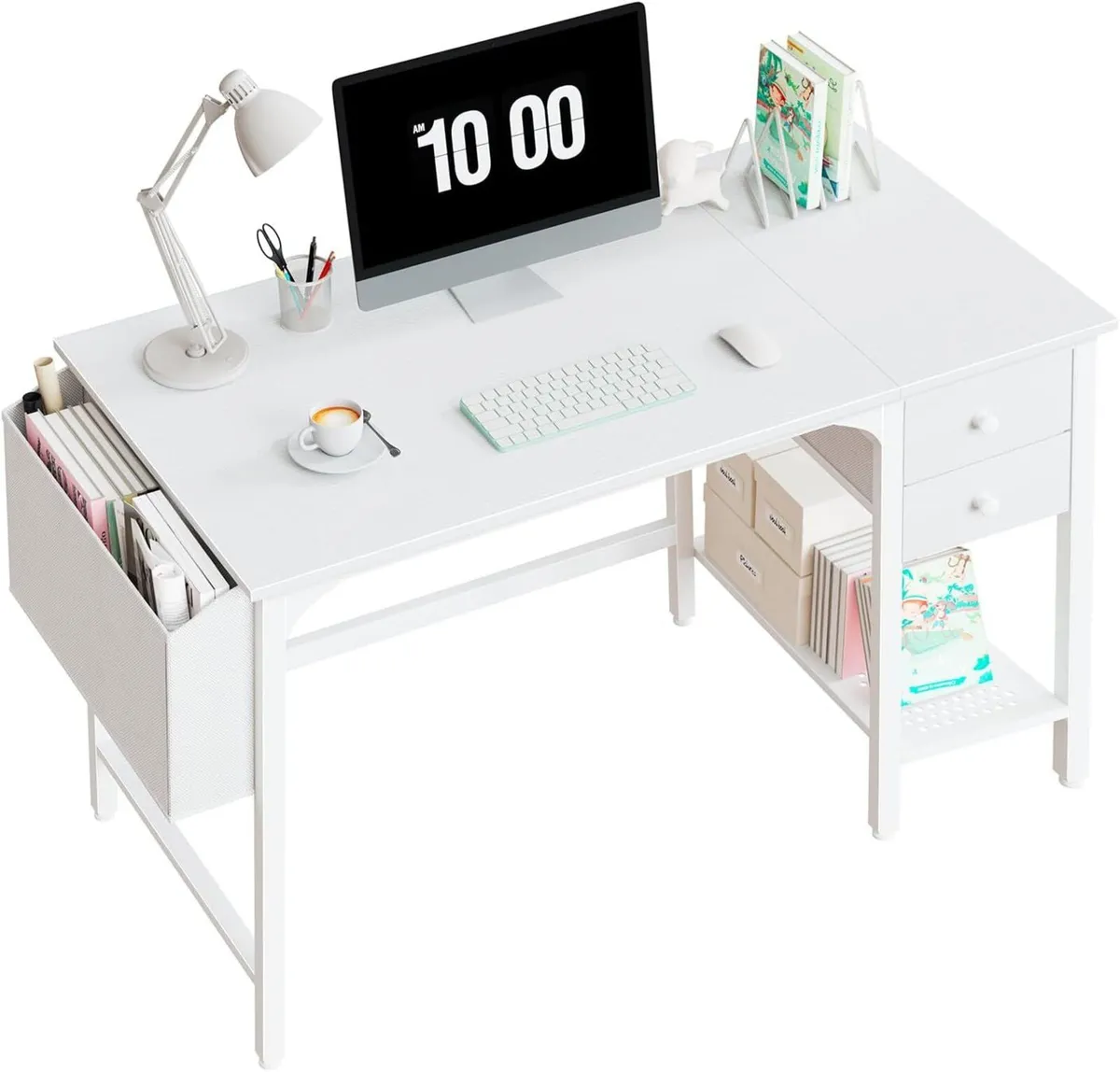 White Small Desk with Drawers 100cm Computer for - Image 1