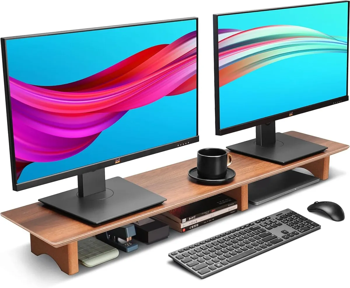 Dual Monitor Stand Riser Wooden Desktop Organizer - Image 1