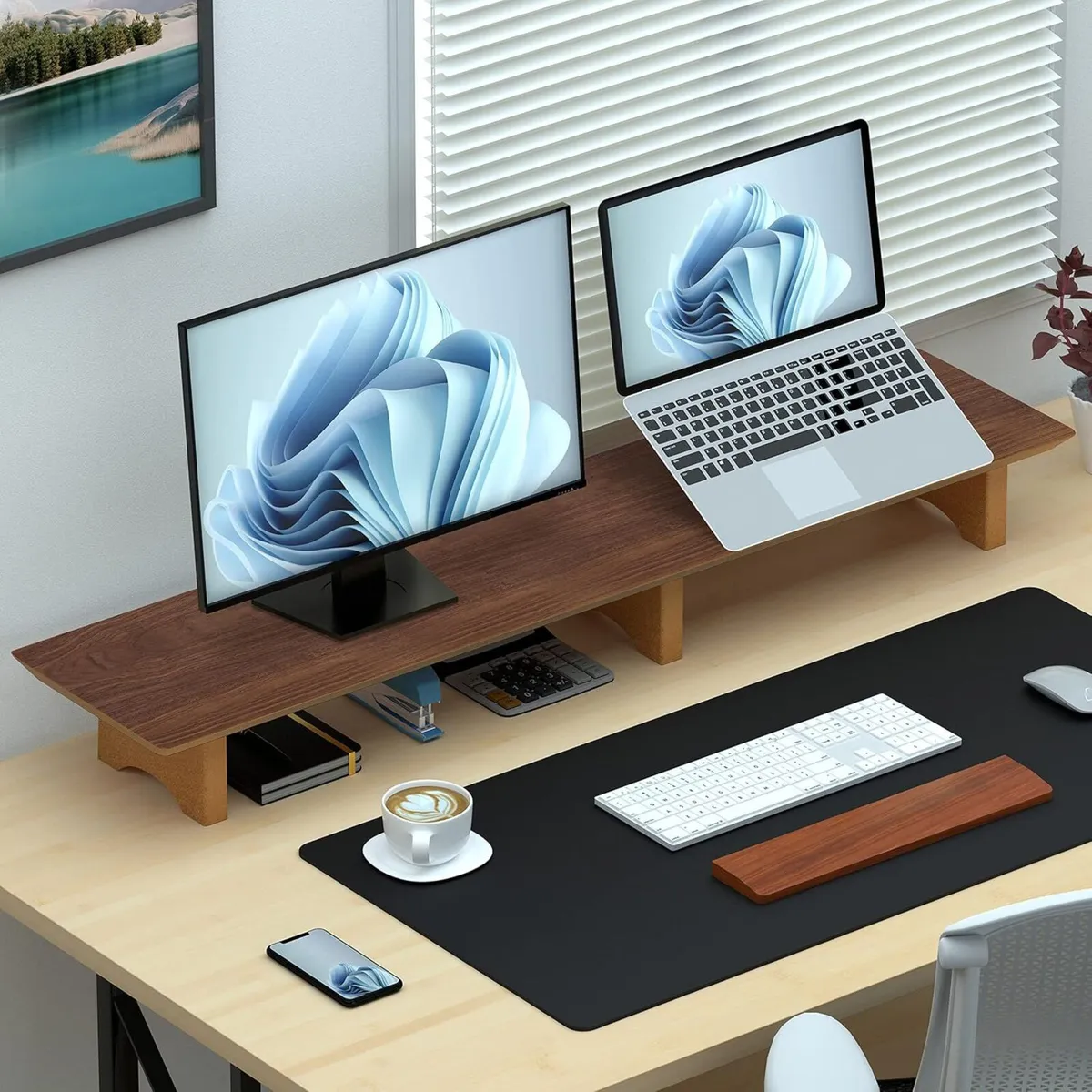 Dual Monitor Stand Riser Wooden Desktop Organizer - Image 2