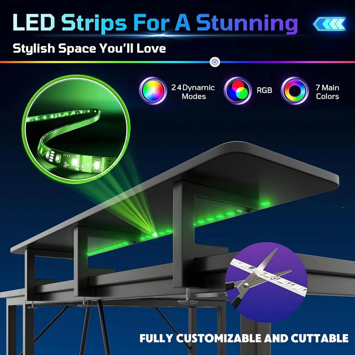 L Shaped Gaming Desk with RGB LED Lights Power - Image 4